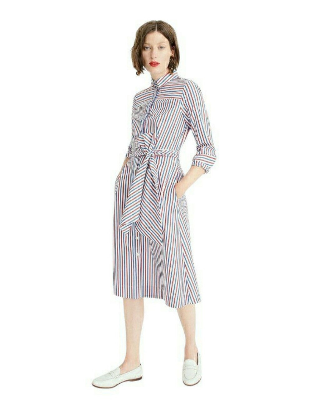 J Crew Womens Tie-Waist Shirt Dress Red/White/Blue Vertical Stripe Size 6 NWT